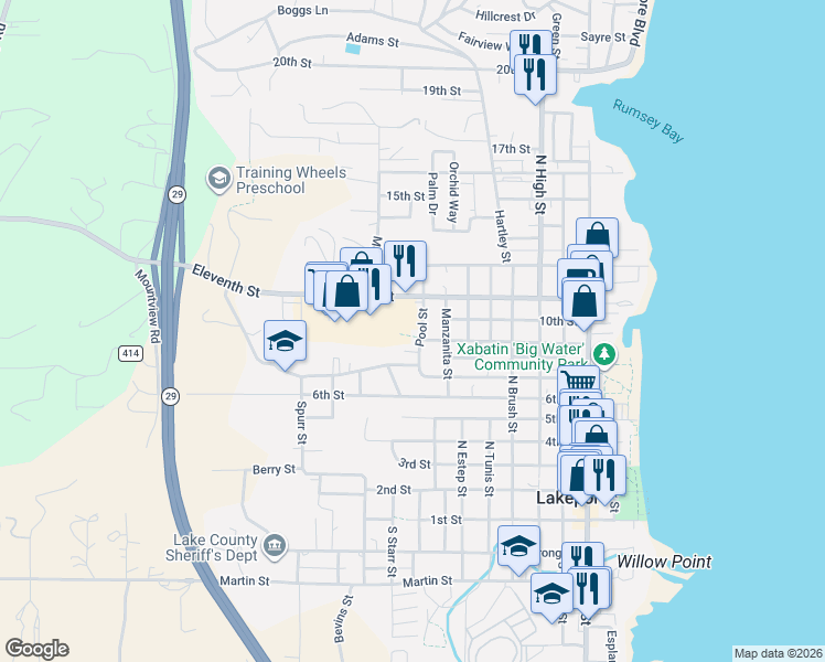 map of restaurants, bars, coffee shops, grocery stores, and more near 955 Pool Street in Lakeport