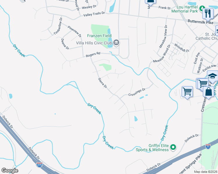 map of restaurants, bars, coffee shops, grocery stores, and more near 2564 Sierra Dr in Villa Hills