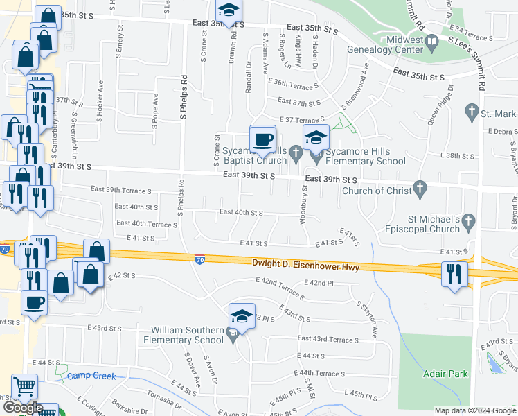 map of restaurants, bars, coffee shops, grocery stores, and more near 15200 East 40th Street South in Independence