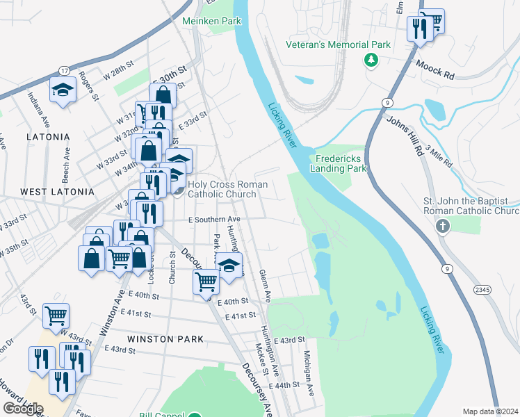 map of restaurants, bars, coffee shops, grocery stores, and more near 3611 Myrtle Avenue in Covington