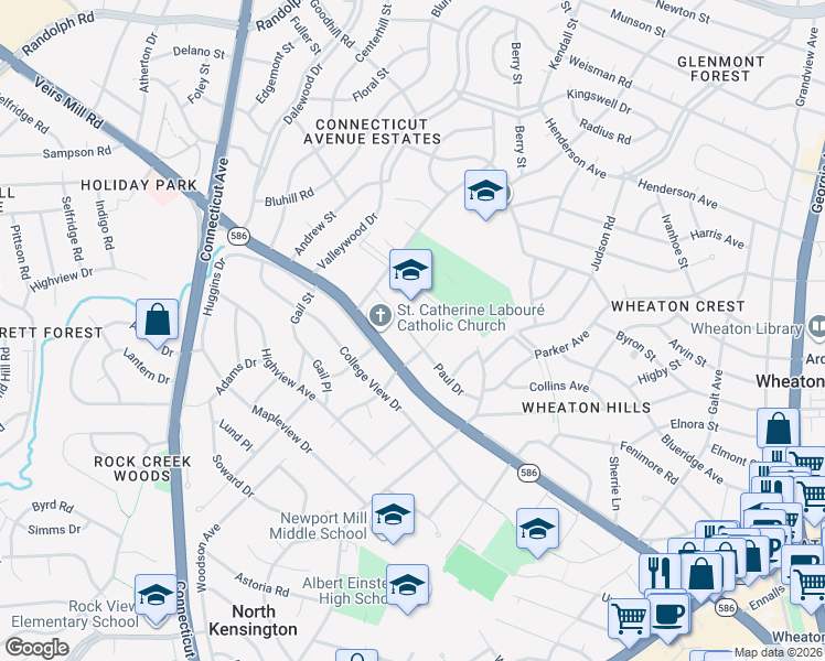 map of restaurants, bars, coffee shops, grocery stores, and more near 11705 Veirs Mill Road in Silver Spring