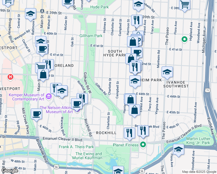 map of restaurants, bars, coffee shops, grocery stores, and more near 4326 Charlotte Street in Kansas City