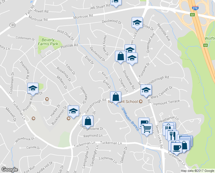 map of restaurants, bars, coffee shops, grocery stores, and more near 11718 Enid Drive in Rockville