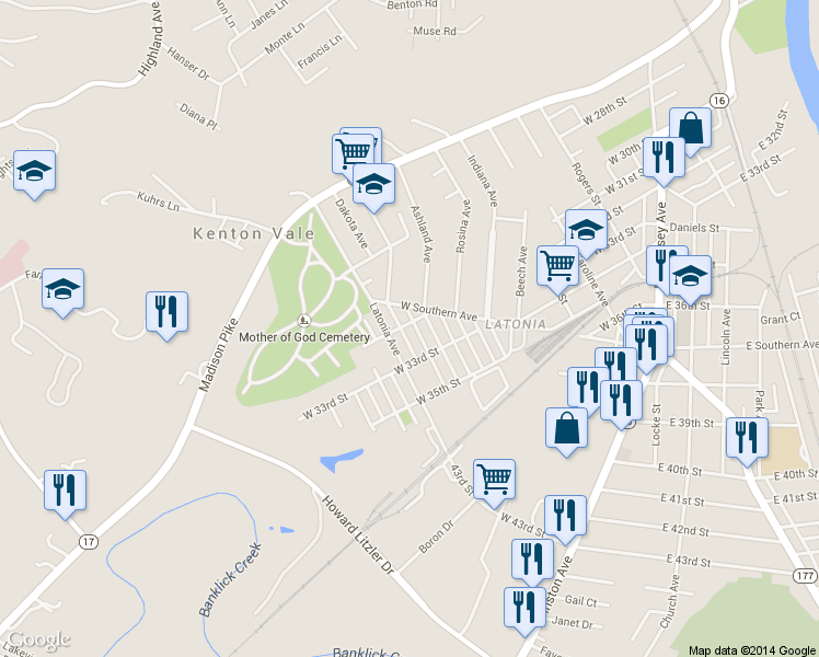 map of restaurants, bars, coffee shops, grocery stores, and more near 3201 Watson Avenue in Covington