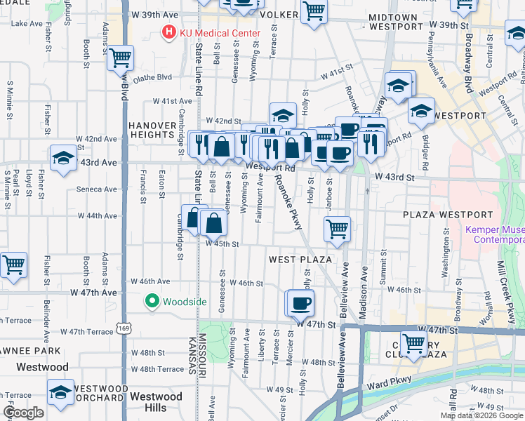 map of restaurants, bars, coffee shops, grocery stores, and more near 4403 Fairmount Avenue in Kansas City