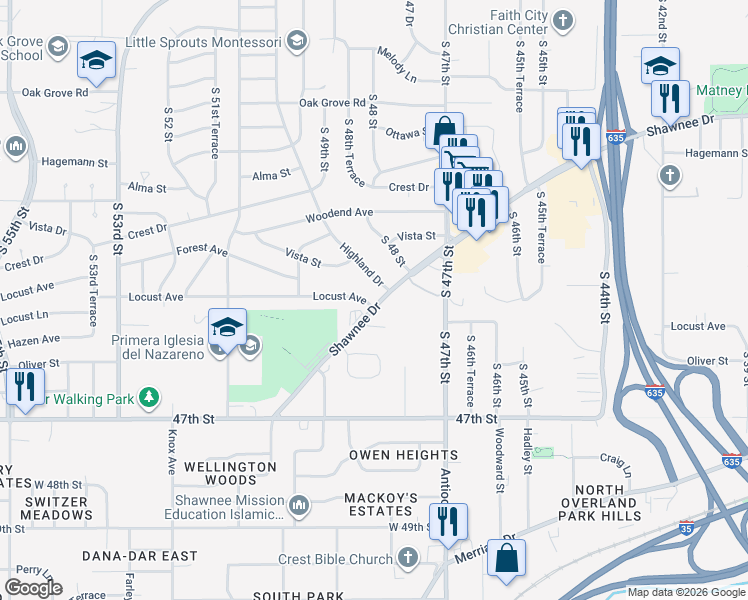 map of restaurants, bars, coffee shops, grocery stores, and more near 2918 Highland Drive in Kansas City