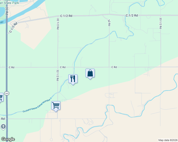map of restaurants, bars, coffee shops, grocery stores, and more near 3281 C Road in Palisade
