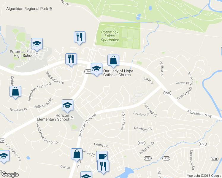 map of restaurants, bars, coffee shops, grocery stores, and more near 20498 Ashley Terrace in Sterling