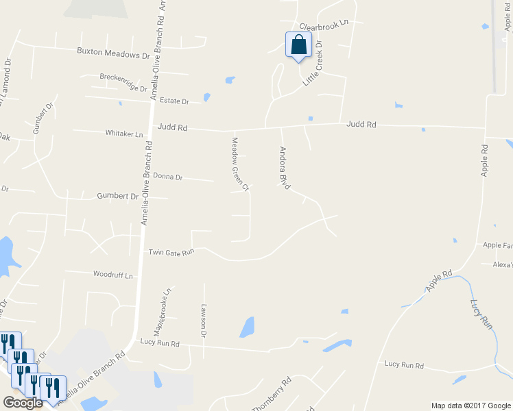 map of restaurants, bars, coffee shops, grocery stores, and more near 3324 Meadow Green Court in Amelia