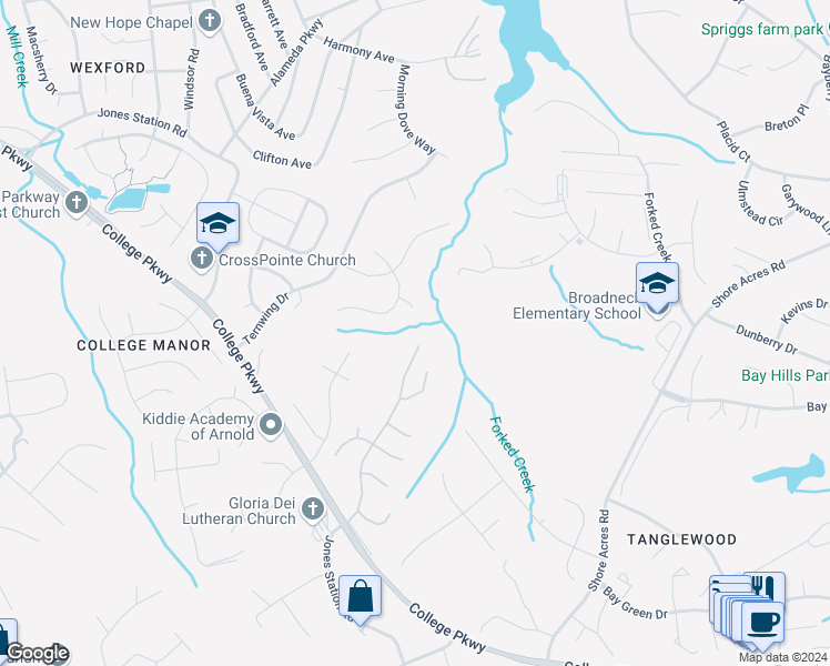 map of restaurants, bars, coffee shops, grocery stores, and more near 448 Knottwood Court in Arnold