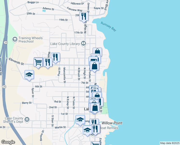 map of restaurants, bars, coffee shops, grocery stores, and more near 916 North Forbes Street in Lakeport