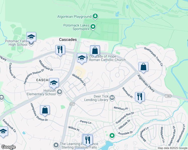 map of restaurants, bars, coffee shops, grocery stores, and more near 20498 Ashley Terrace in Sterling