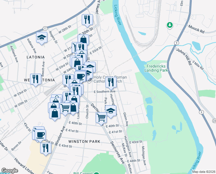 map of restaurants, bars, coffee shops, grocery stores, and more near 3621 Park Avenue in Covington
