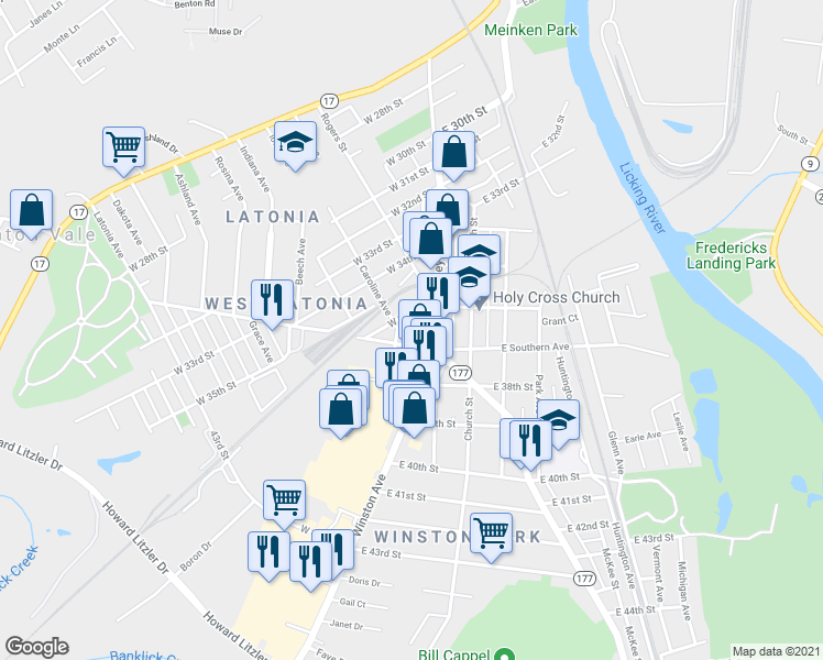 map of restaurants, bars, coffee shops, grocery stores, and more near 12 Inez Street in Covington