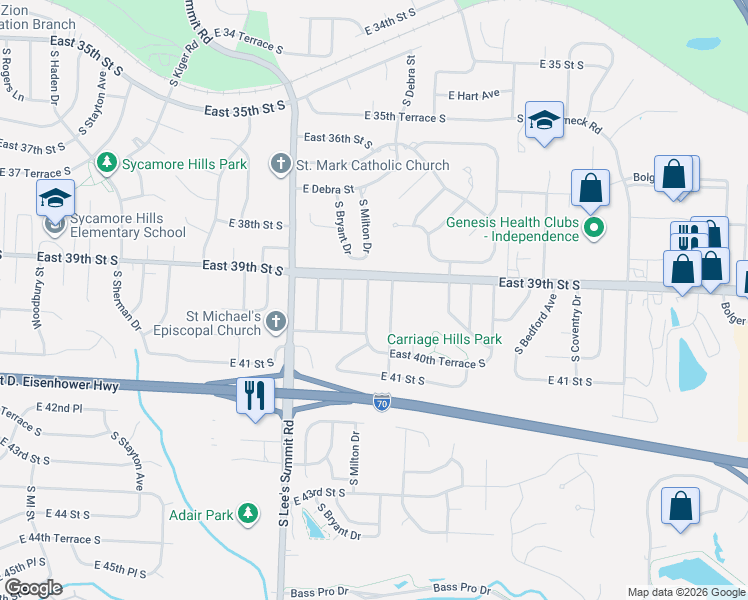 map of restaurants, bars, coffee shops, grocery stores, and more near 3912 Coachman Drive in Independence
