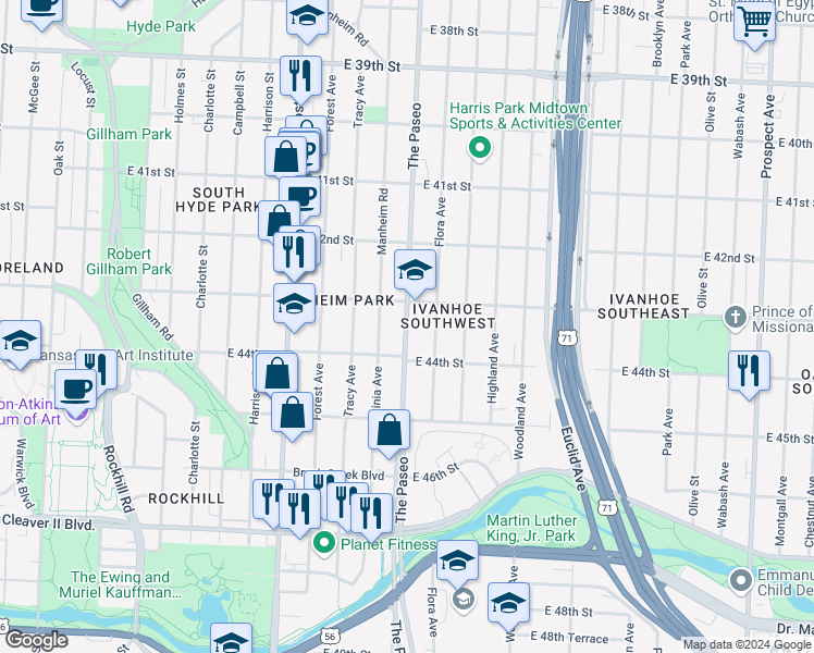 map of restaurants, bars, coffee shops, grocery stores, and more near 4317 The Paseo in Kansas City
