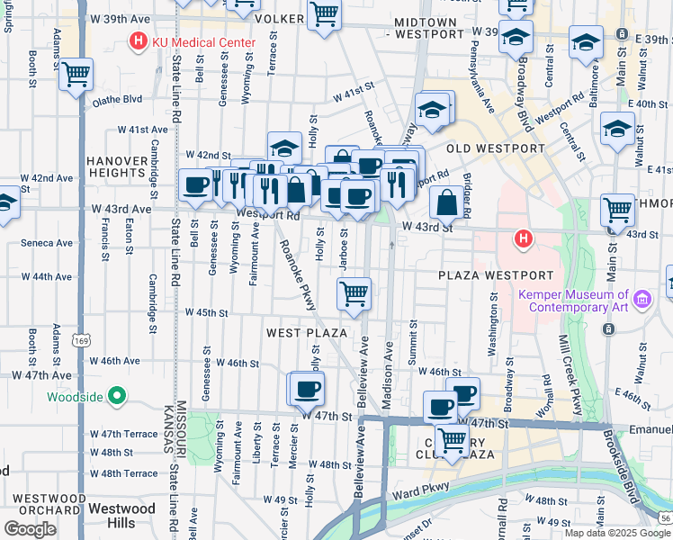 map of restaurants, bars, coffee shops, grocery stores, and more near 4401 Jarboe Street in Kansas City