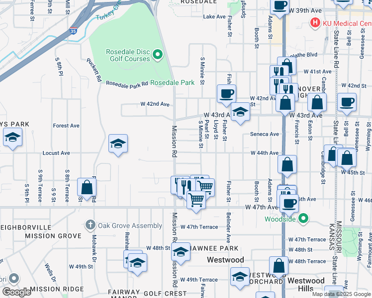map of restaurants, bars, coffee shops, grocery stores, and more near 2914 West 44th Avenue in Kansas City