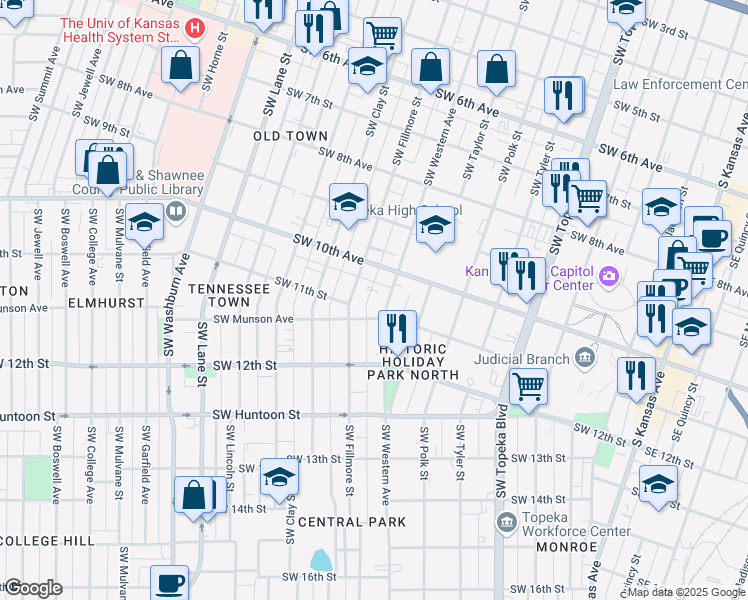 map of restaurants, bars, coffee shops, grocery stores, and more near 1029 SW Western Ave in Topeka