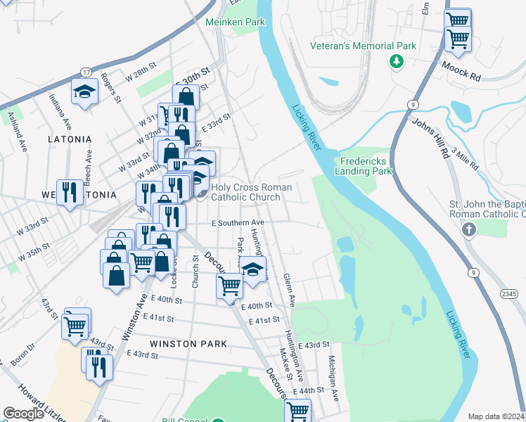 map of restaurants, bars, coffee shops, grocery stores, and more near 3605 Glenn Ave in Covington