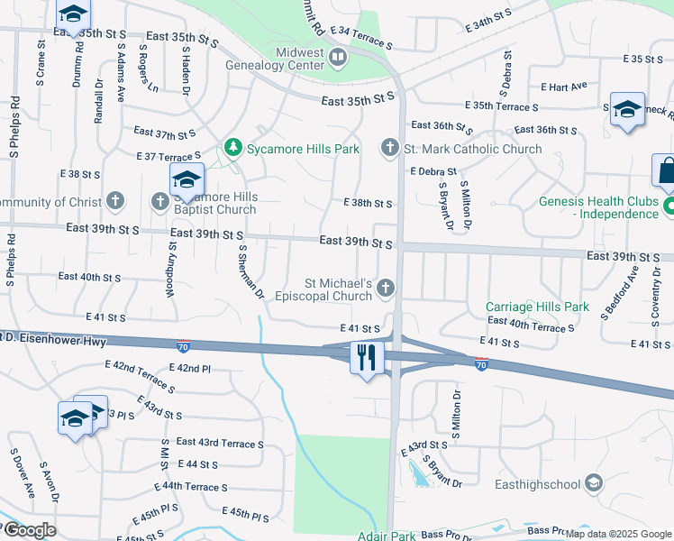 map of restaurants, bars, coffee shops, grocery stores, and more near 16108 East 40th Street South in Independence