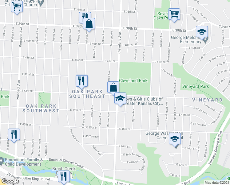 map of restaurants, bars, coffee shops, grocery stores, and more near 4242 Cleveland Avenue in Kansas City