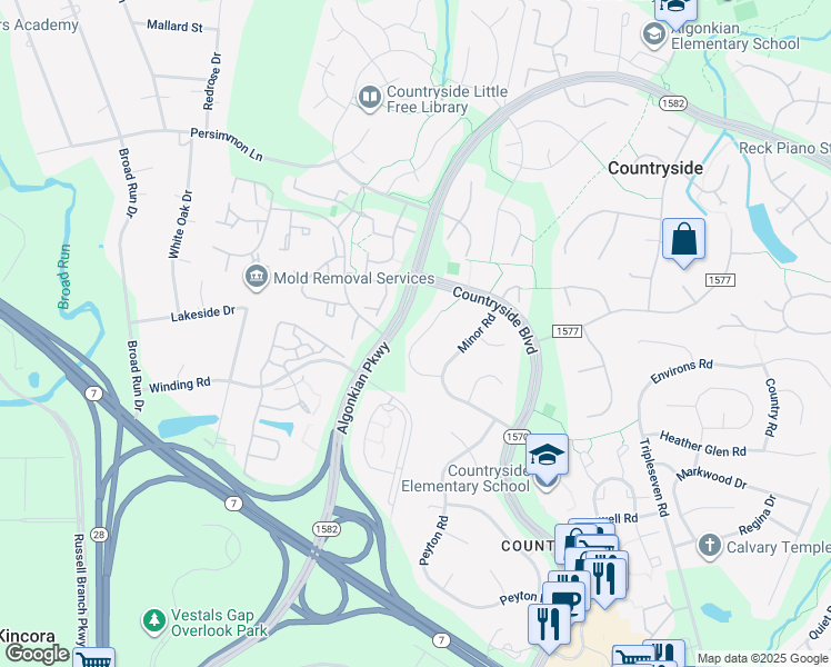 map of restaurants, bars, coffee shops, grocery stores, and more near 11 Moss Road in Sterling