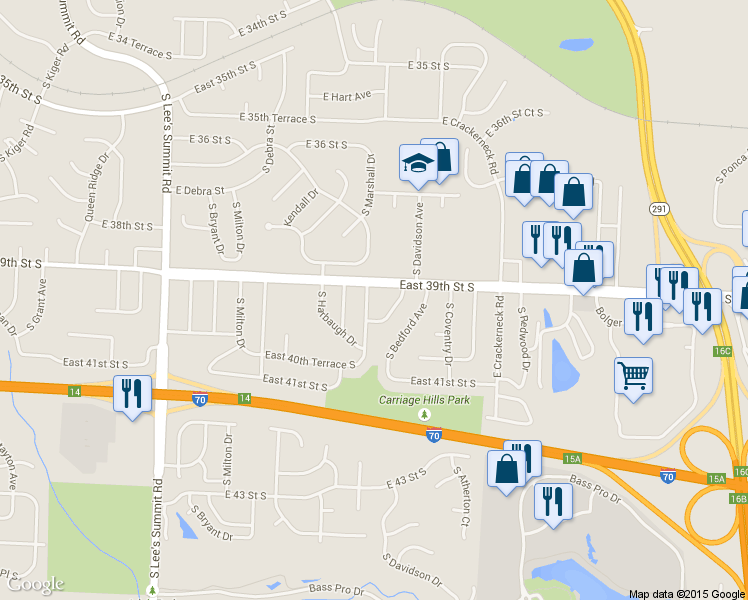 map of restaurants, bars, coffee shops, grocery stores, and more near 3905 South Masterbrook Drive in Independence