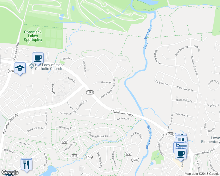 map of restaurants, bars, coffee shops, grocery stores, and more near 20571 Quarterpath Trace Circle in Sterling