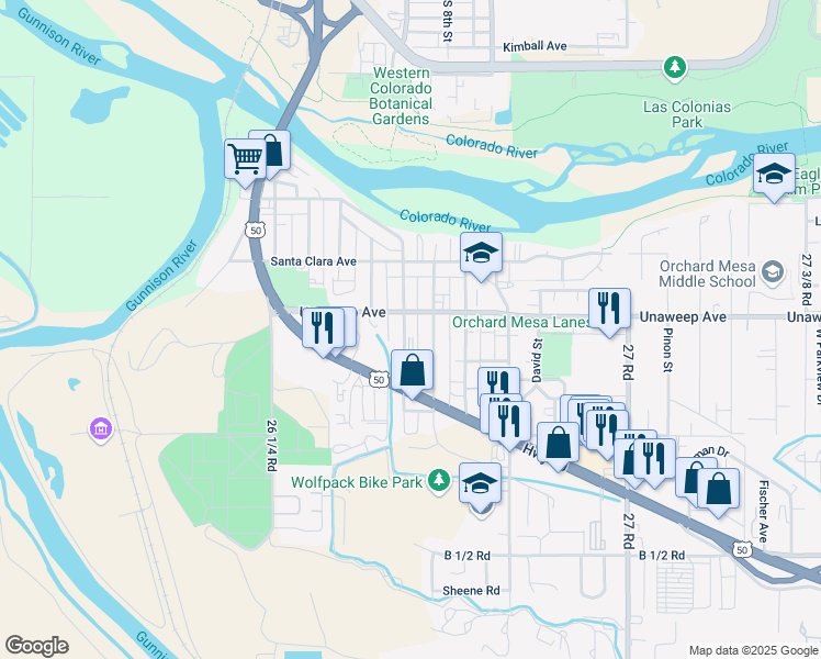 map of restaurants, bars, coffee shops, grocery stores, and more near 1822 Aspen Street in Grand Junction