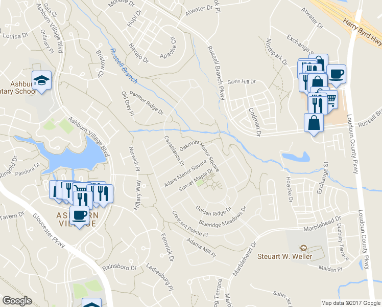 map of restaurants, bars, coffee shops, grocery stores, and more near 44404 Maltese Falcon Square in Ashburn