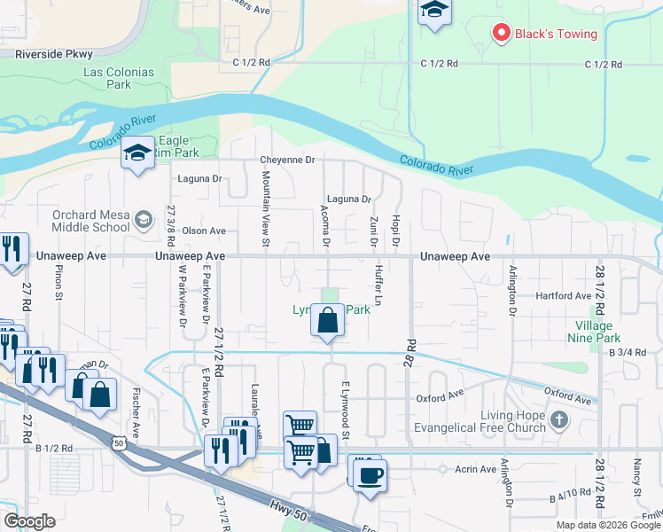 map of restaurants, bars, coffee shops, grocery stores, and more near 2778 Grant Court in Grand Junction
