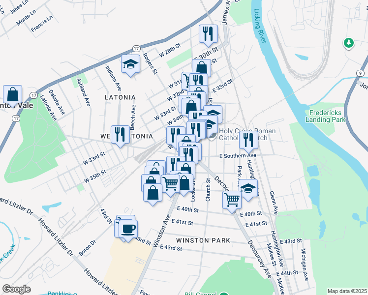 map of restaurants, bars, coffee shops, grocery stores, and more near 12 Inez Street in Covington