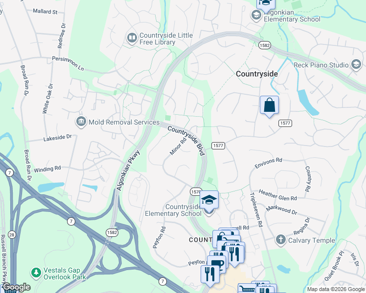 map of restaurants, bars, coffee shops, grocery stores, and more near 1 Tyler Lane in Sterling