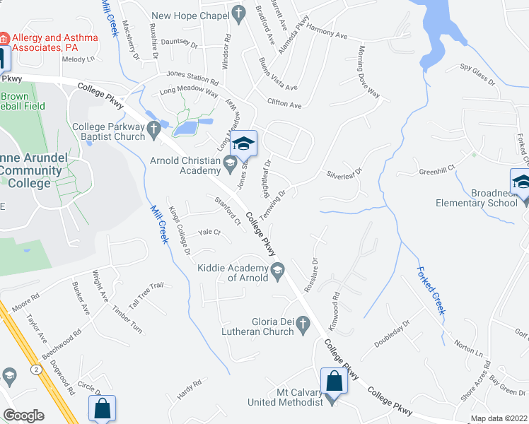 map of restaurants, bars, coffee shops, grocery stores, and more near 242 Ternwing Drive in Arnold