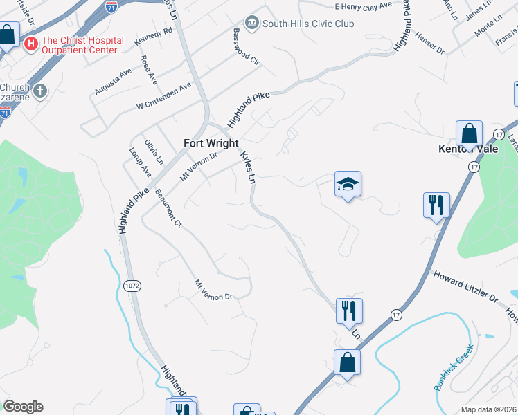 map of restaurants, bars, coffee shops, grocery stores, and more near 670 Kyles Lane in Fort Wright