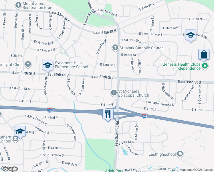 map of restaurants, bars, coffee shops, grocery stores, and more near 3917 Queen Ridge Drive in Independence