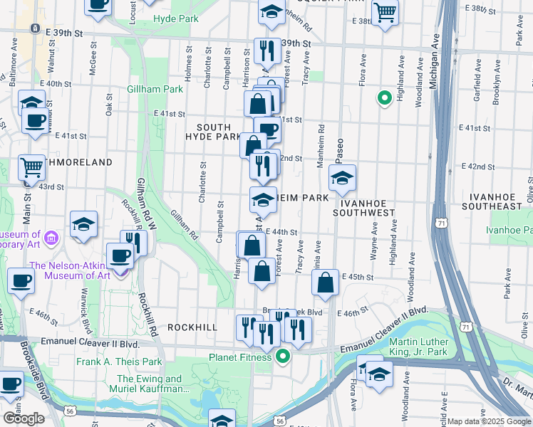 map of restaurants, bars, coffee shops, grocery stores, and more near 4325 Troost Avenue in Kansas City
