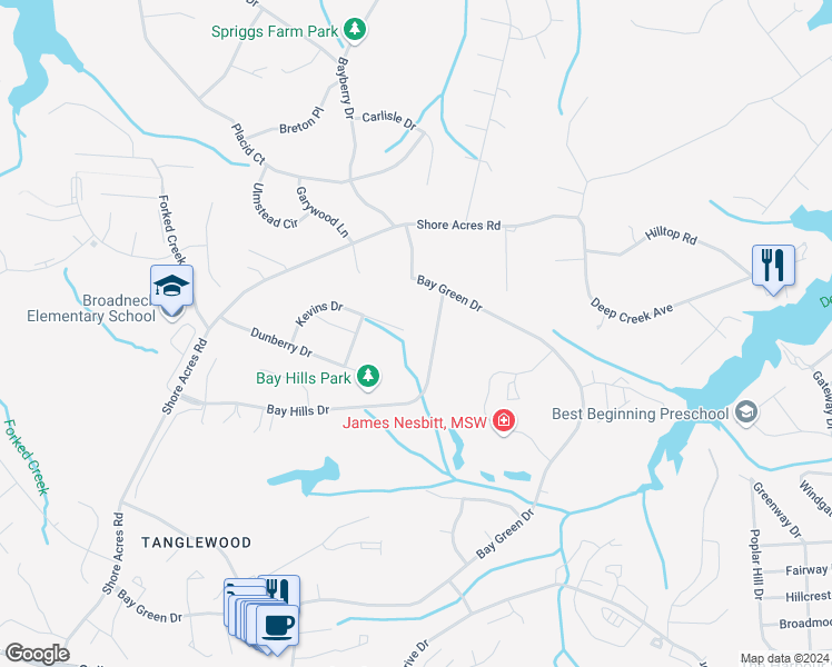 map of restaurants, bars, coffee shops, grocery stores, and more near 598 Kevins Drive in Arnold