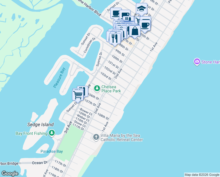 map of restaurants, bars, coffee shops, grocery stores, and more near 187 104th Street in Stone Harbor