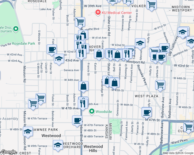 map of restaurants, bars, coffee shops, grocery stores, and more near 4415 Eaton Street in Kansas City