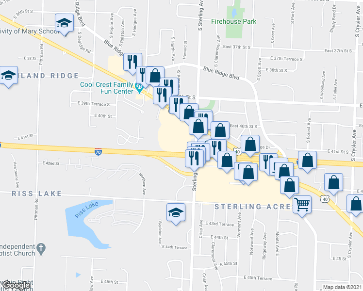 map of restaurants, bars, coffee shops, grocery stores, and more near 4035 Harvard Circle in Kansas City