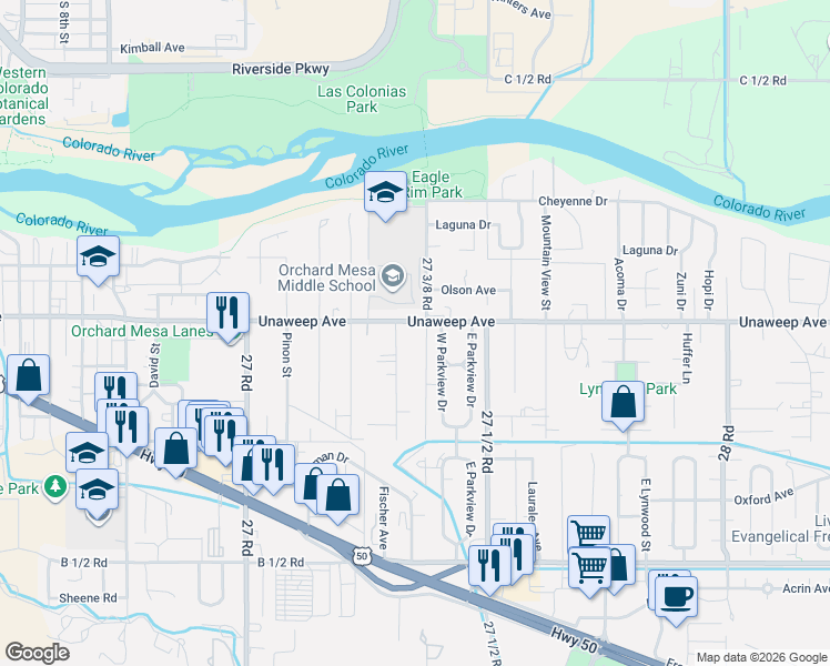 map of restaurants, bars, coffee shops, grocery stores, and more near 2735 1/2 Unaweep Avenue in Grand Junction