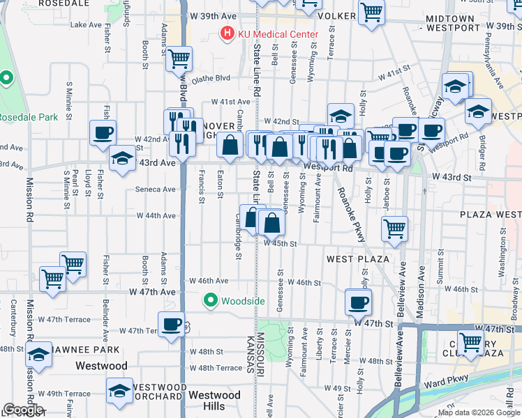 map of restaurants, bars, coffee shops, grocery stores, and more near 4404 Bell Street in Kansas City