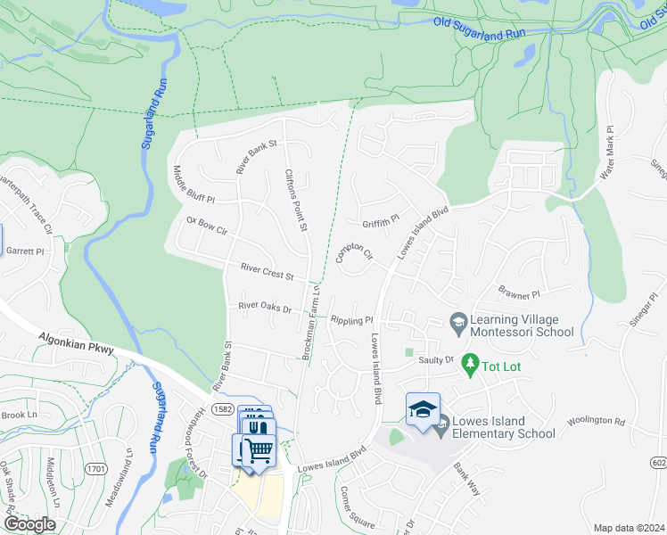map of restaurants, bars, coffee shops, grocery stores, and more near 47544 Compton Circle in Sterling