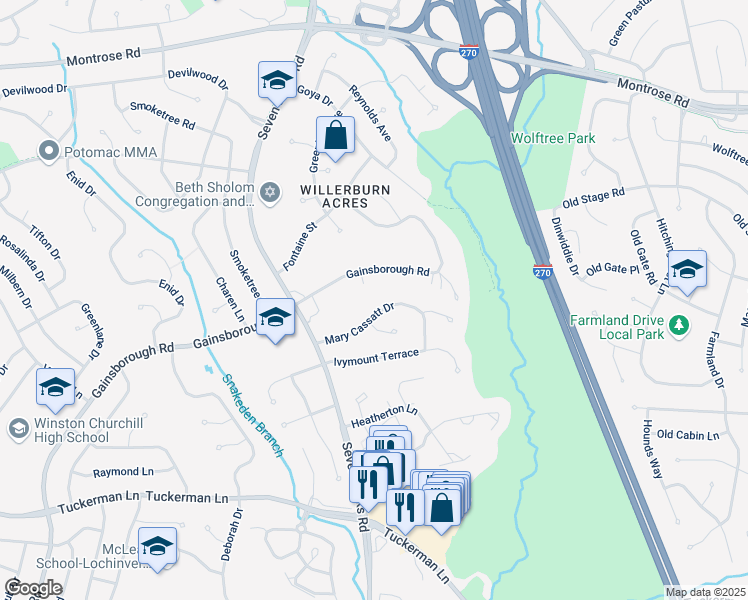 map of restaurants, bars, coffee shops, grocery stores, and more near 7731 Mary Cassatt Drive in Rockville