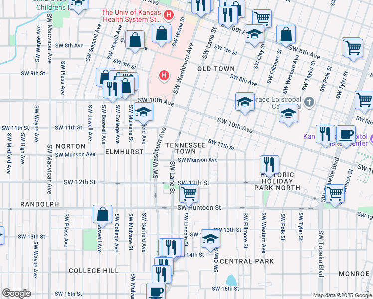 map of restaurants, bars, coffee shops, grocery stores, and more near 1129 Southwest Lincoln Street in Topeka