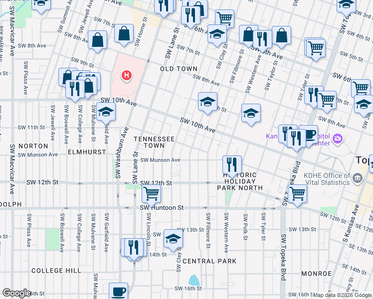 map of restaurants, bars, coffee shops, grocery stores, and more near 1105 Southwest Clay Street in Topeka