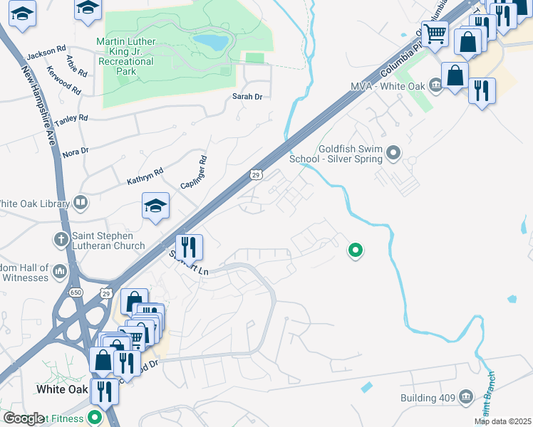 map of restaurants, bars, coffee shops, grocery stores, and more near 1647 Treetop View Terrace in Silver Spring