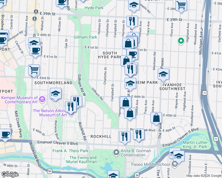 map of restaurants, bars, coffee shops, grocery stores, and more near 4328 Campbell Street in Kansas City